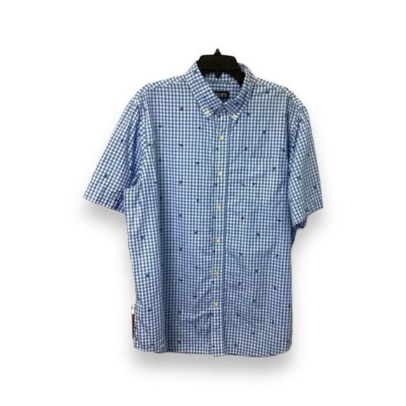 Chaps Mens Blue Gingham Flying Fishing Short Sleeve Shirt XL Cotton Easy Care - Picture 8 of 9